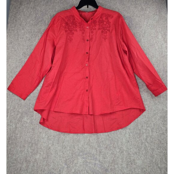 Red Button-Down Embroidered Shirt 2XL Cotton/Linen Blend - Picture 1 of 6